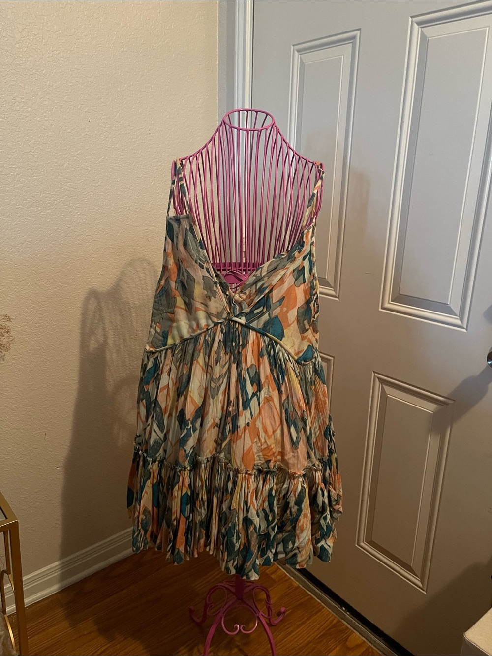 Free People Multicolor Abstract Tiered Mini Dress in Teal, Orange, Cream